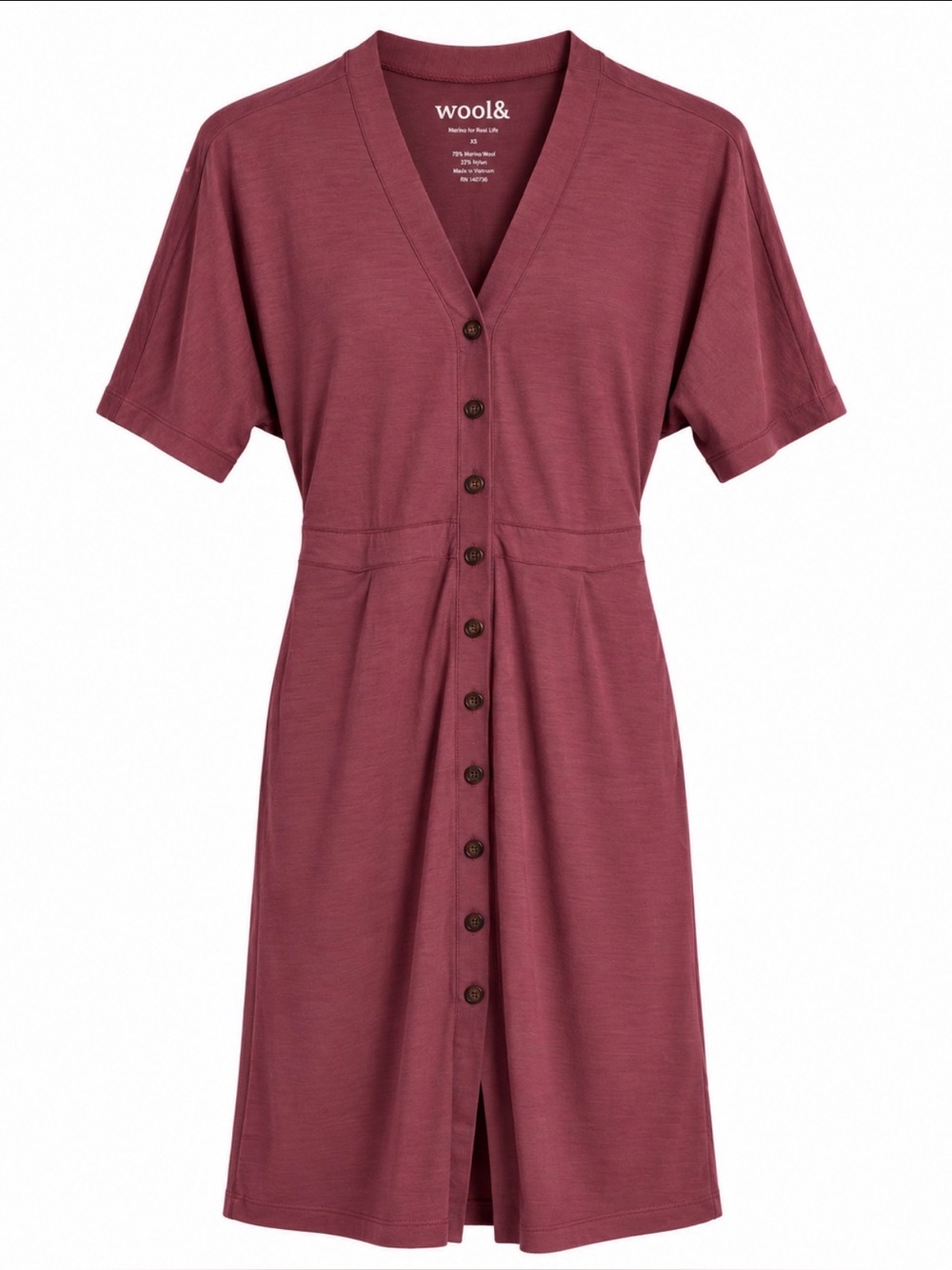 Wool& Burgundy Merino Wool Button Front V-Neck Dress XS